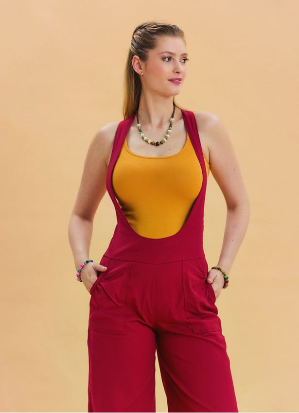 Red Womens Wide Leg Jumpsuit with Zipper Detail and Pockets 4673